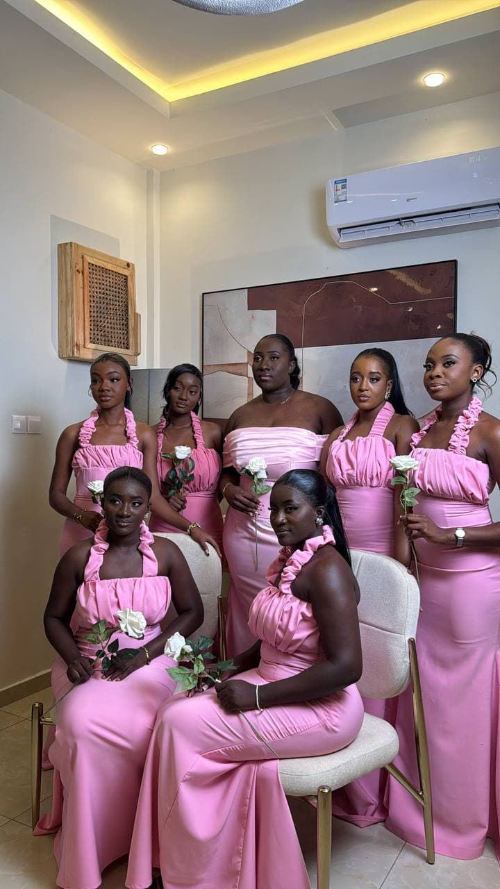 Bridal party portrait, bride and bridesmaids in pink gowns with white roses