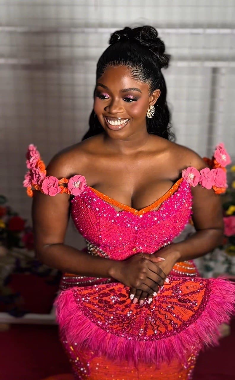 Engagement portrait detail, beaded gown with floral shoulder trim